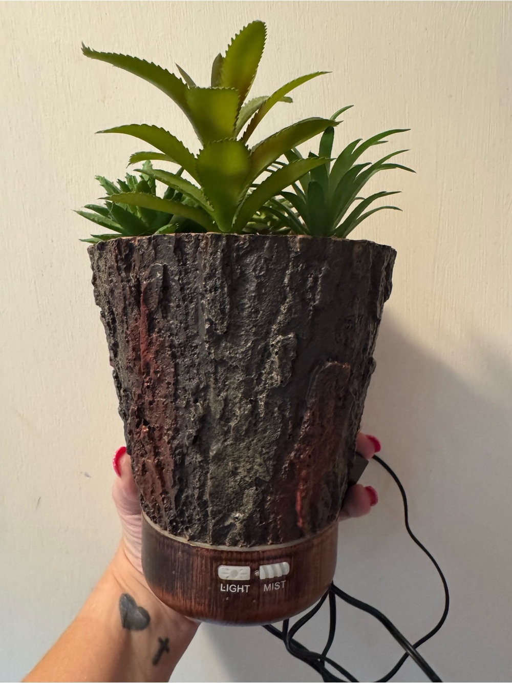 Rustic Bark Essential Oil Diffuser with Faux Succulents - Brown & Green